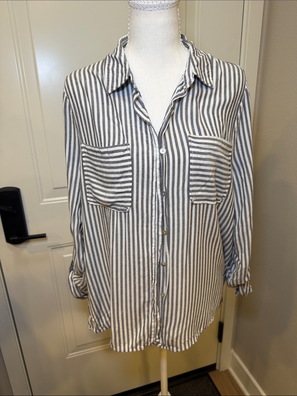 Women’s gray and white stripes ~ button down top~ roll top sleeves ~